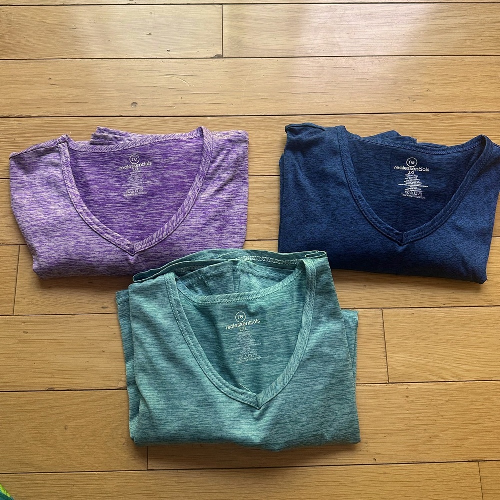 NWOT Realessentials Purple, Green and Blue V-Neck T-Shirts 2XL